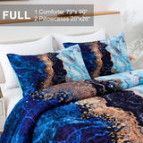 Blue Marble Comforter Set, King Size, Retro Watercolor 3-Piece Bedding Collection - Close-Up Angle