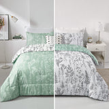 Floral Comforter Set, King Size, Green White Floral Pattern Reversible Bedding - Front View