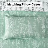 Floral Comforter Set, King Size, Green White Floral Pattern Reversible Bedding - Rear View