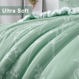 Floral Comforter Set, King Size, Green White Floral Pattern Reversible Bedding - Close-Up Angle