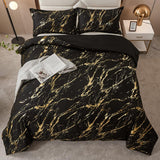 Black Gold Metallic Marble Comforter Set, Queen Size, Foil Print Glitter 3-Piece Bedding - 45-Degree Angle