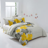 Floral Comforter Set, King Size, Yellow Floral 3-Piece Bedding, Lightweight Microfiber - Front View