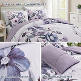 Floral Comforter Set, King Size, Purple Floral 3-Piece Bedding, Soft Microfiber for All Seasons - Rear View