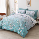 Soft Floral Leaf Comforter Set, King Size, Quilted Cozy Bedding with Pillowcases - Front View