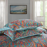 Blue Teal Boho Print Bedspread Quilt Set + Pillowcases - Rear View