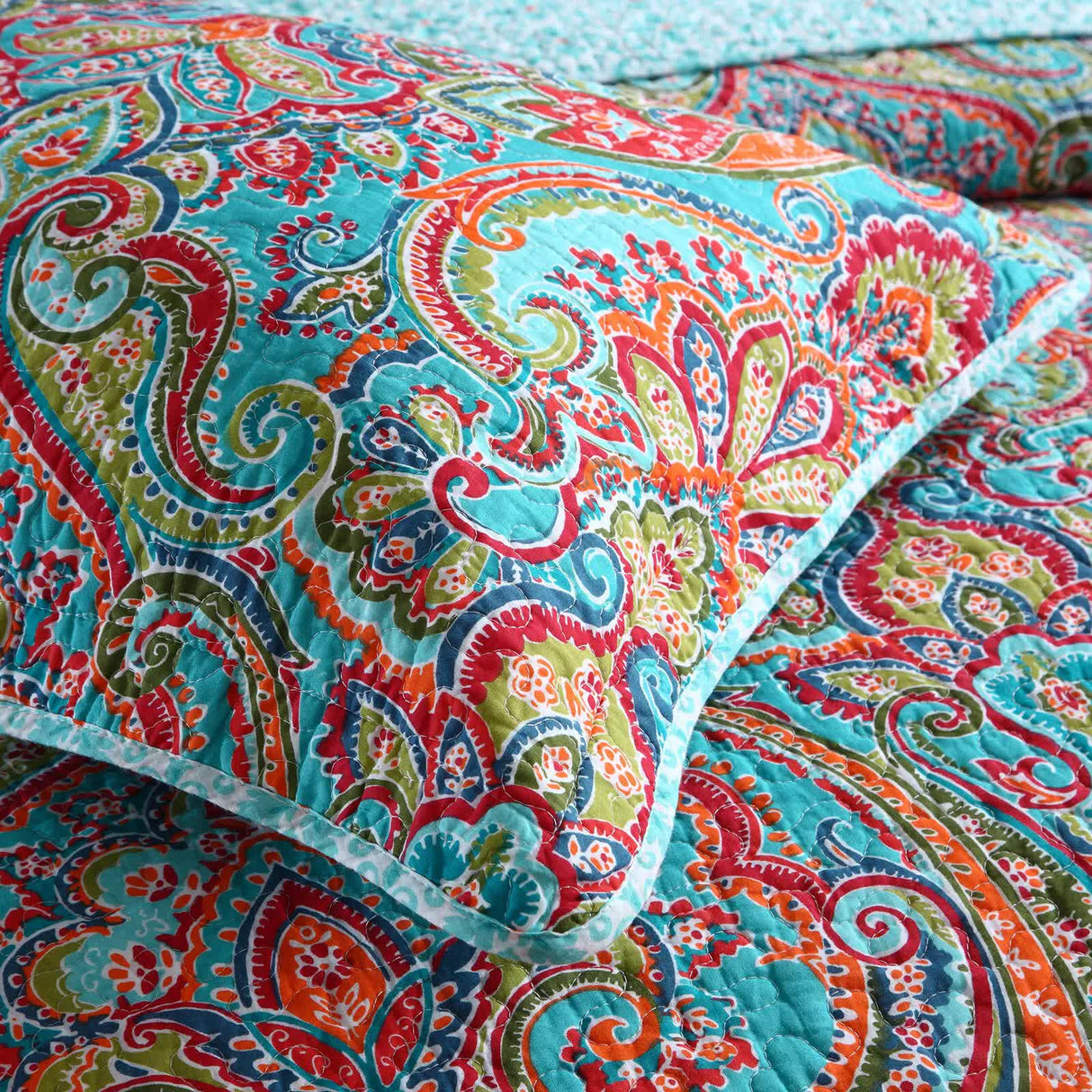 Blue Teal Boho Print Bedspread Quilt Set + Pillowcases