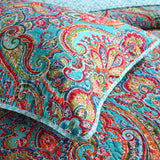 Blue Teal Boho Print Bedspread Quilt Set + Pillowcases - Close-Up Angle