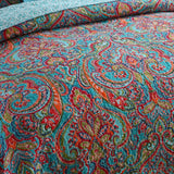 Blue Teal Boho Print Bedspread Quilt Set + Pillowcases - Front View