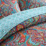Blue Teal Boho Print Bedspread Quilt Set + Pillowcases - Side View