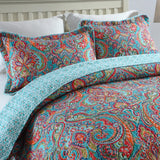 Blue Teal Boho Print Bedspread Quilt Set + Pillowcases - Top-Down View