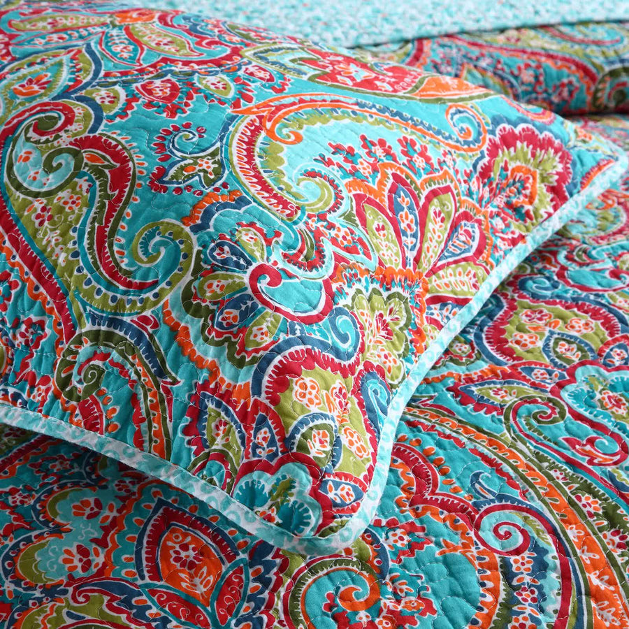 Blue Teal Boho Print Bedspread Quilt Set + Pillowcases