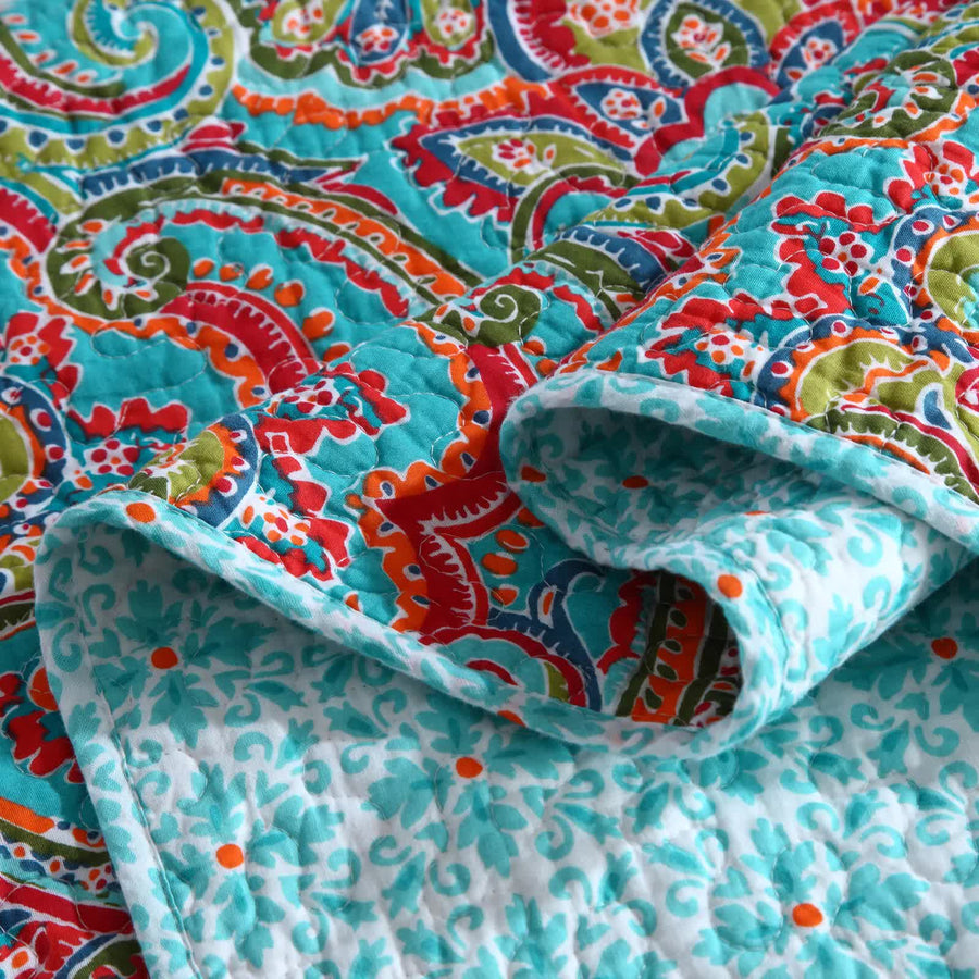 Blue Teal Boho Print Bedspread Quilt Set + Pillowcases