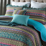 Grenn Teal Boho style Printed Bedspread Quilt Set + Pillowcases - Front View