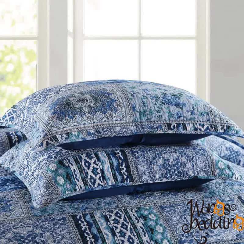 Boho Blue Quilted Coverlet & Pillow Set: Vibrant, Cozy Elegance - king