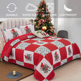 Elegant Red, greem & White Christmas Queen Bedspread Set - Front View
