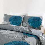 Grey Azure Bloom Quilted Coverlet Bedspread Set with Pillow Covers - Top-Down View