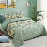 Meadow Butterfly Green Quilted Bedspread Set with Floral Details and Pillowcases - Front View