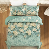 Meadow Butterfly Green Quilted Bedspread Set with Floral Details and Pillowcases - Side View