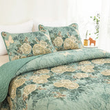 Meadow Butterfly Green Quilted Bedspread Set with Floral Details and Pillowcases - Top-Down View