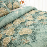 Meadow Butterfly Green Quilted Bedspread Set with Floral Details and Pillowcases - 45-Degree Angle