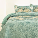 Meadow Butterfly Green Quilted Bedspread Set with Floral Details and Pillowcases - Rear View