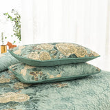 Meadow Butterfly Green Quilted Bedspread Set with Floral Details and Pillowcases - Close-Up Angle