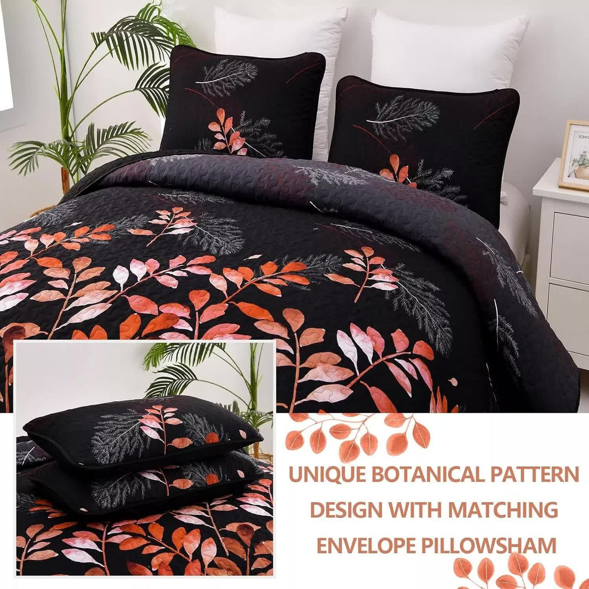 Black and Red  Leaves Quilted Bedspread & Pillowcase Set