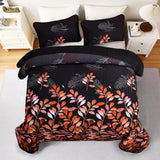 Black and Red  Leaves Quilted Bedspread & Pillowcase Set - Top-Down View