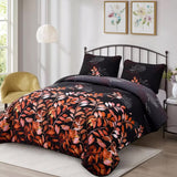 Black and Red  Leaves Quilted Bedspread & Pillowcase Set - 45-Degree Angle