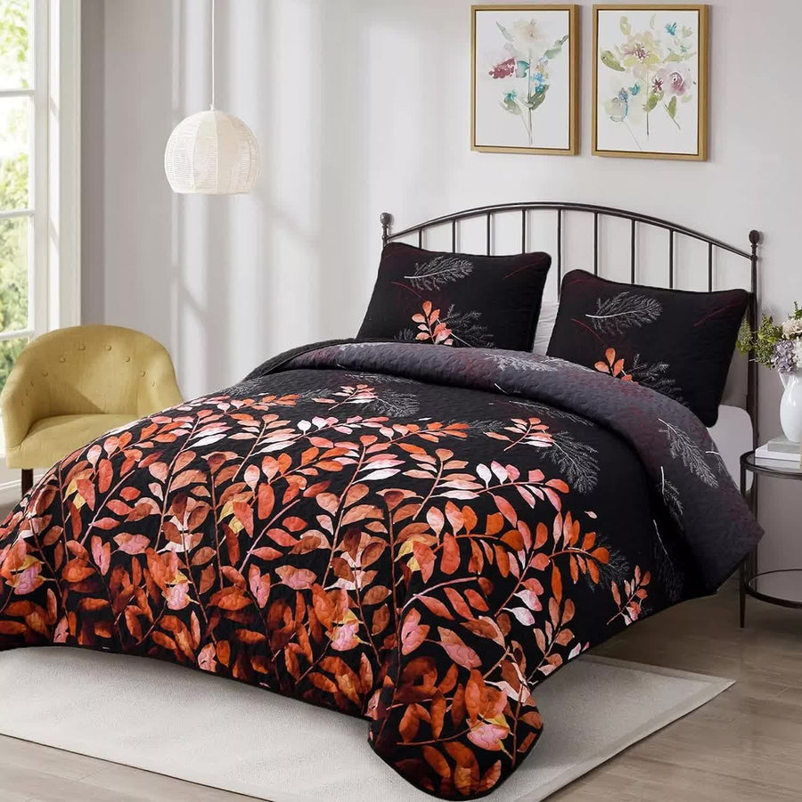 Black and Red  Leaves Quilted Bedspread & Pillowcase Set