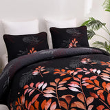 Black and Red  Leaves Quilted Bedspread & Pillowcase Set - Rear View