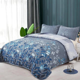 Blue Garden Coverlet Set with Quilted Floral Pattern and Pillowcases - Front View