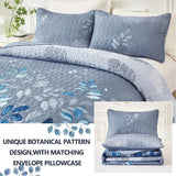 Blue Garden Coverlet Set with Quilted Floral Pattern and Pillowcases - Top-Down View