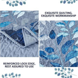 Blue Garden Coverlet Set with Quilted Floral Pattern and Pillowcases - 45-Degree Angle