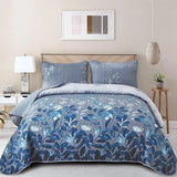 Blue Garden Coverlet Set with Quilted Floral Pattern and Pillowcases - Close-Up Angle