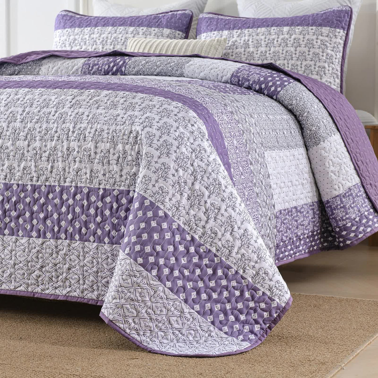 Bohemian Purple and White Quilted Bedspread or Coverlet Set and matching pillowcases