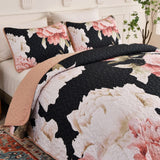 Blossom Trio Quilted Coverlet Set with Pillowcases (Black, Red & Pink - Front View