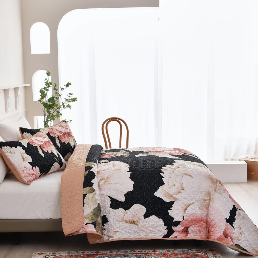 Blossom Trio Quilted Coverlet Set with Pillowcases (Black, Red & Pink