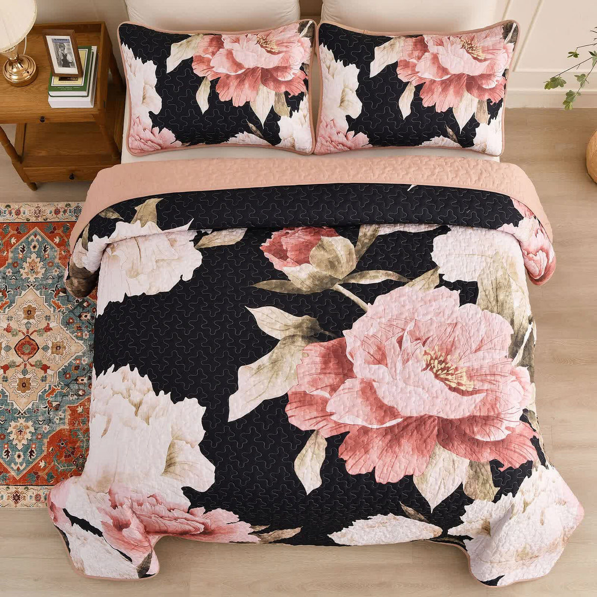 Blossom Trio Quilted Coverlet Set with Pillowcases (Black, Red & Pink