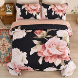 Blossom Trio Quilted Coverlet Set with Pillowcases (Black, Red & Pink - 45-Degree Angle