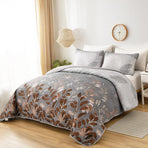 Brown Verdant Quilted Ensemble with Flower Motifs bedspread  and Pillowcases