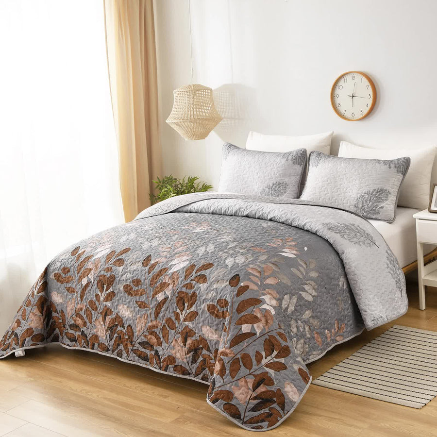 Brown Verdant Quilted Ensemble with Flower Motifs bedspread  and Pillowcases