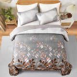 Brown Verdant Quilted Ensemble with Flower Motifs bedspread  and Pillowcases - Side View