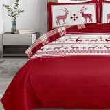 Joyful Red & white Reindeer Christmas Queen Bedspread Set - Front View
