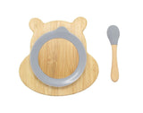 Bamboo Kids Children Baby Plate Bowl & Silicon Suction Cap Base & Spoon - Hippo - Front View