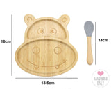 Bamboo Kids Children Baby Plate Bowl & Silicon Suction Cap Base & Spoon - Hippo - Side View