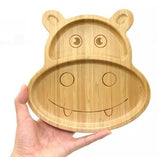Bamboo Kids Children Baby Plate Bowl & Silicon Suction Cap Base & Spoon - Hippo - Top-Down View