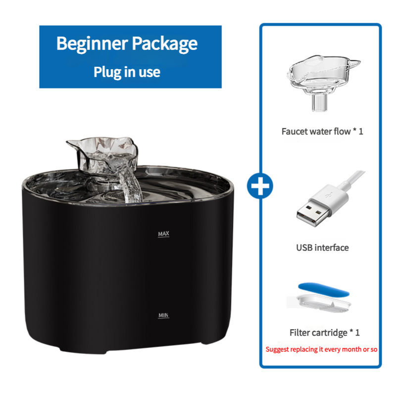 2.2L Beginner Package Pet Water Fountain with Faucet Flow and USB Interface  Black Design