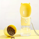 Yellow Portable Dog Water Bottle with Built-in Bowl Dispenser - 250ml Water,180ml Food Capacity, Leak-proof for Travel and Walks - Front View