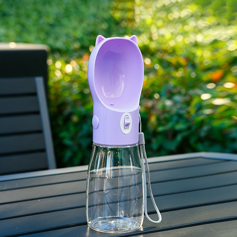 Portable Dog Water Bottle with Bowl Dispenser-550ml Purple Pet Travel Cup, Leak-proof, One-Hand Operation